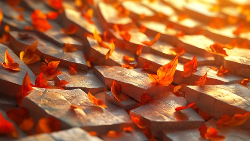 Golden autumn leaves over warm sculpted stone grid.