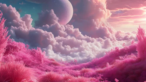 Celestial pastel landscape merges neon flora with towering clouds