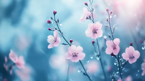 Pink blossoms with water droplets in soft blue bokeh.