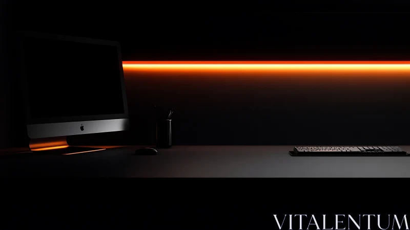 Minimalist workstation in low-key lighting with neon accent line.