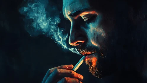 Side profile of man smoking in low light digital painting.