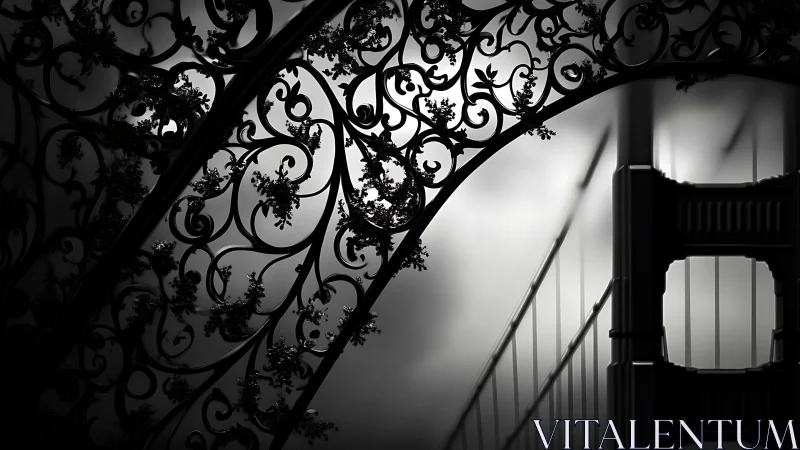 Ornate ironwork silhouette framing suspension bridge span.