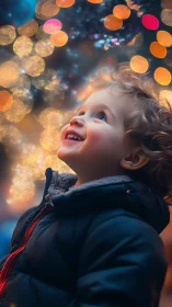 Photorealistic child portrait under luminous bokeh canopy.