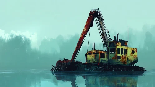 Rusting dredger crane in misty cyan lakeside environment.