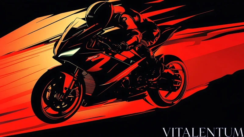 Sport bike rider graphic in bold red motion lines.
