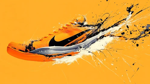 Explosive orange running shoe streaking through paint chaos.