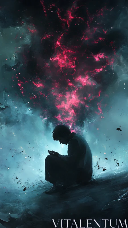 Digital painting of pensive silhouette with cosmic nebula bloom.