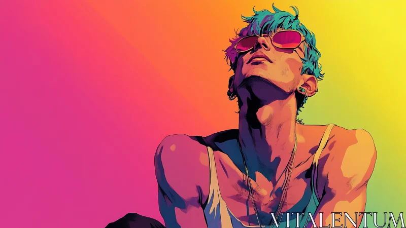 Neon gradient portrait of stylized youth in sunglasses, upward gaze