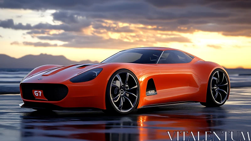 Photoreal supercar render with coastal sunset reflections.