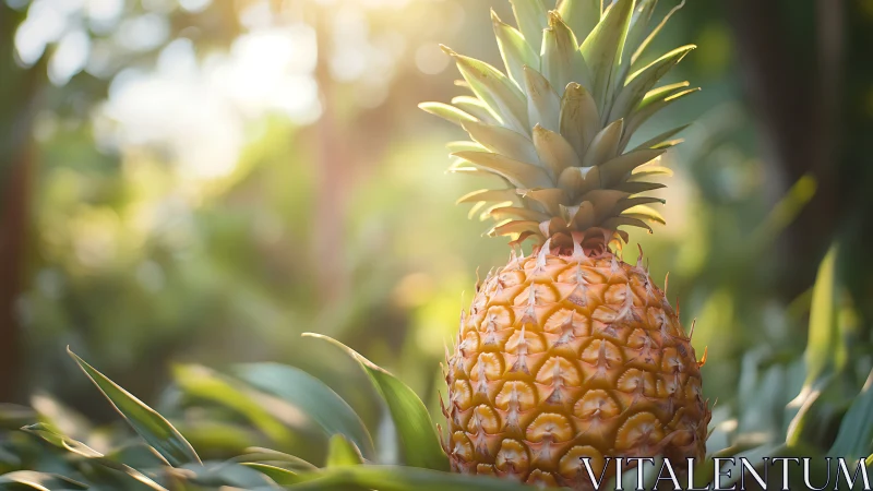Mature pineapple growing among leaves in soft sunlight.