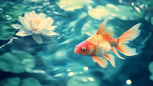 Goldfish swims beside water lily on softly lit pond