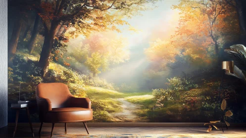 Interior wall mural with forest landscape and armchair.