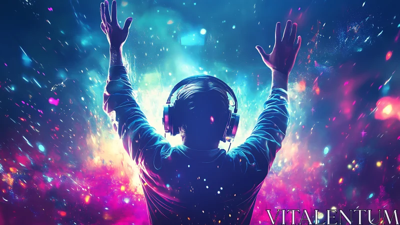 Person wearing headphones stands amid vivid digital light field