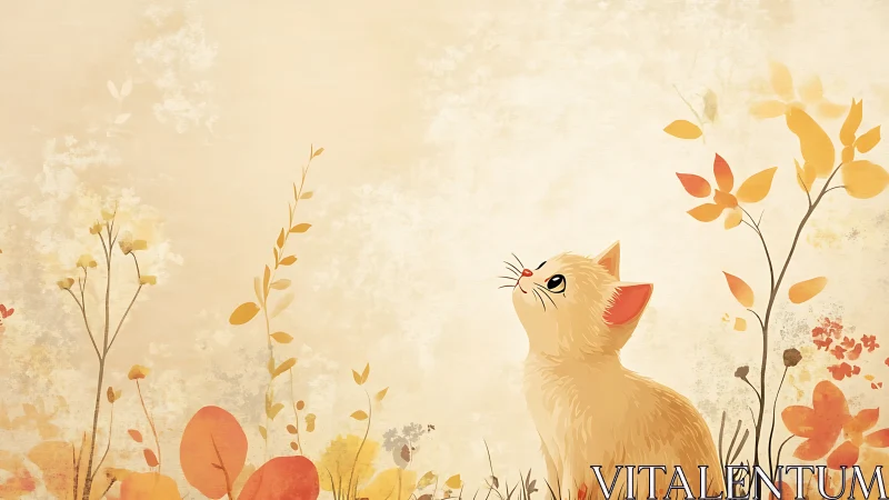 A curious ginger cat gazes upward among golden autumn blooms.