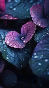 Neon-toned heart-shaped leaves hold dewdrops after rainfall