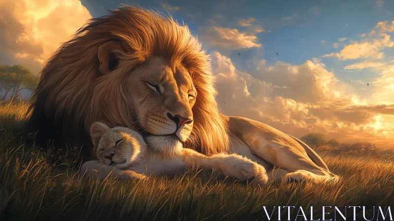 Paternal Lion with Cub: Advanced Rendering of Feline Anatomical Structure