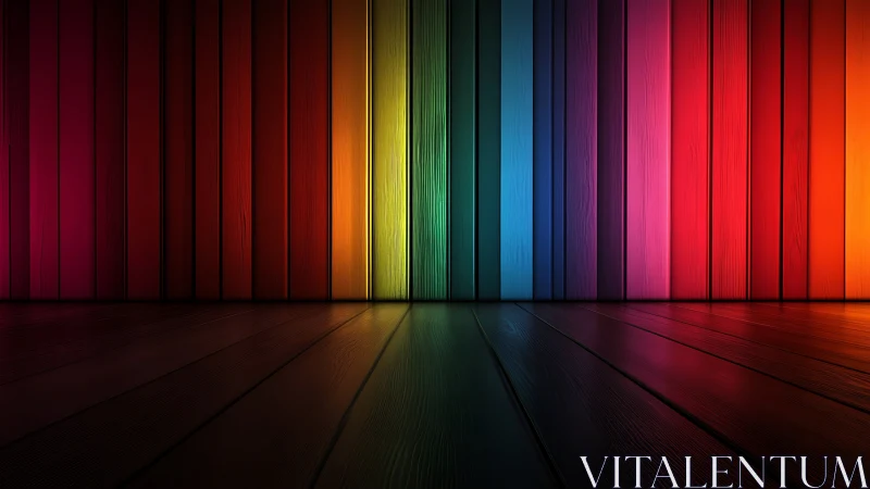 Radiant rainbow panels glow warmly across a wooden floor