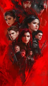 Digital painting ensemble portrait in crimson action tableau.