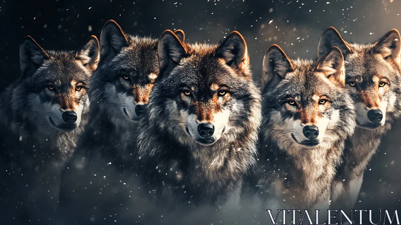 Wolf pack portrait in falling snow, focused forward gaze.