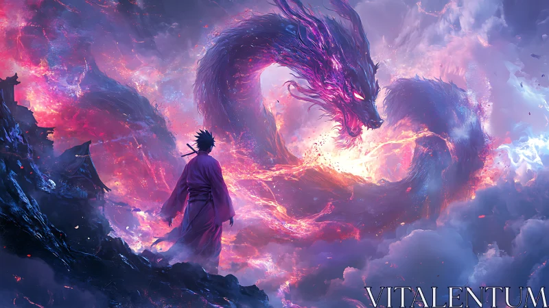 Robe clad figure observing large spectral dragon in clouds.
