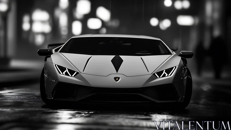 Midnight predator supercar stalks neon-soaked city streets.