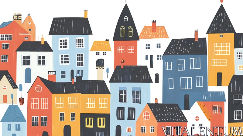 Color-blocked stylized townhouses with flat rooftops and towers