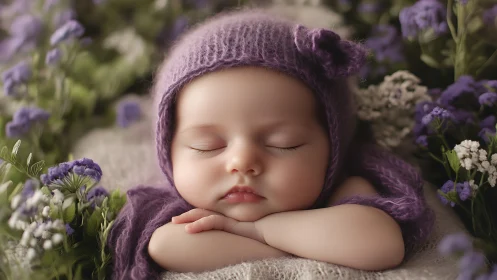 Sleeping Baby in Purple Bonnet Surrounded by Lavender Flowers