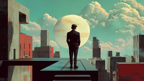 Solitary suited figure on geometric rooftops at large moon.