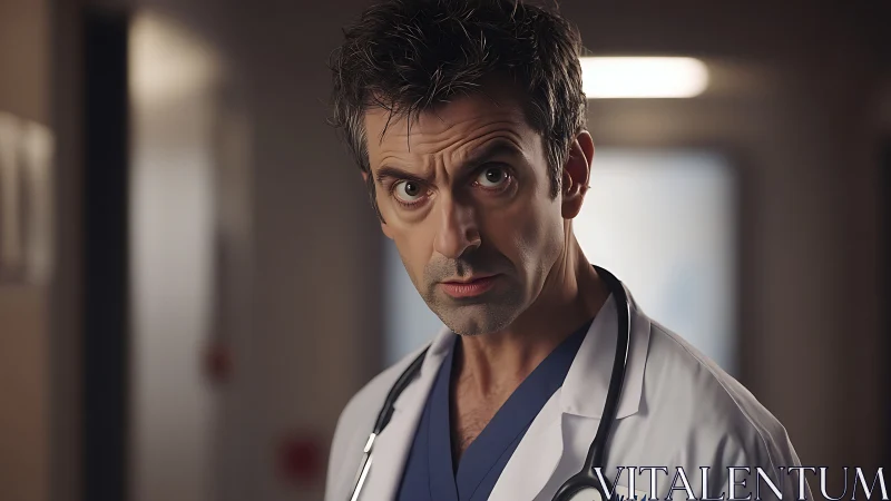 Intense emergency doctor studies patient case in corridor.