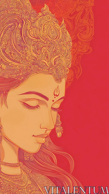 Graceful adorned goddess gazes softly in warm golden hues