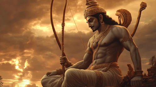 Sunlit archer deity in quiet battlefield dusk repose.