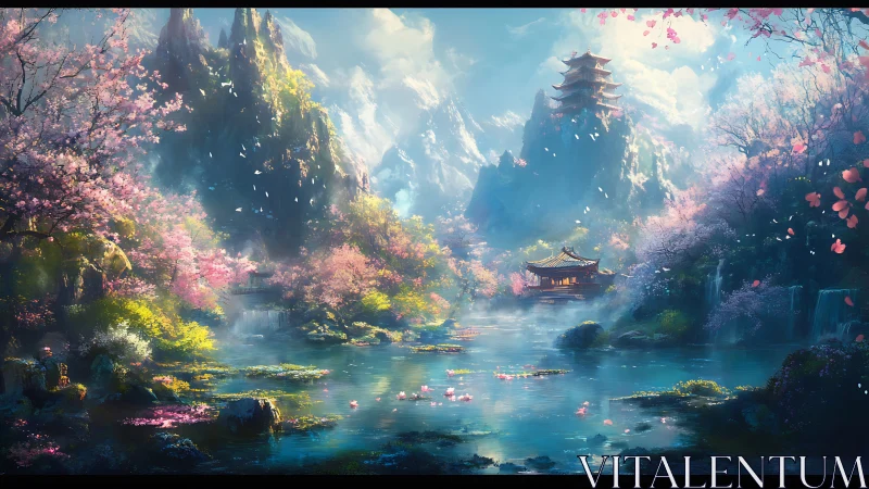 Mountain landscape depicts lake, pagoda and cherry blossoms