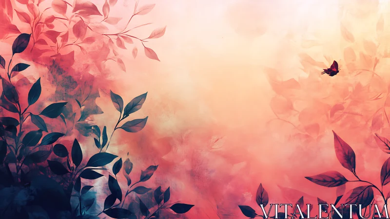 Leaves and butterfly silhouette set against warm gradient sky