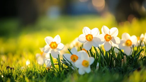 White daffodils blooming in spring meadow with golden light