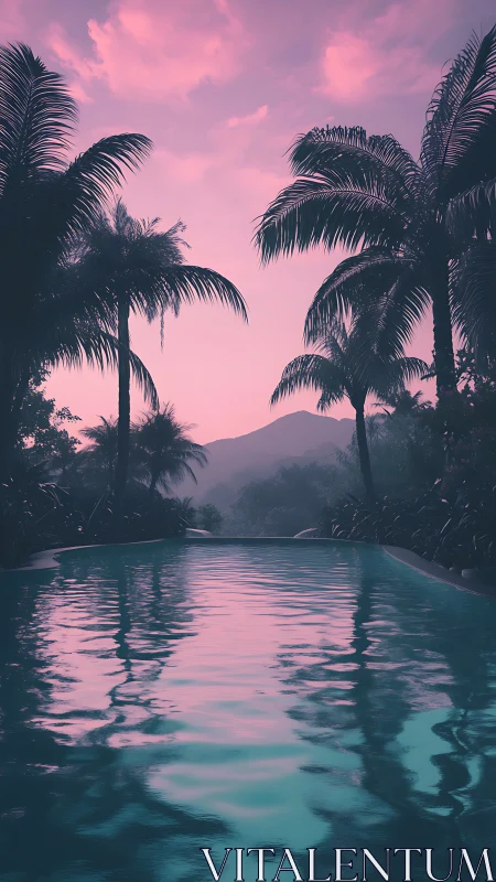 Tropical infinity pool mirrors neon pink twilight sky.