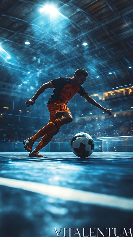 Dynamic low-angle futsal dribble under intense arena backlighting