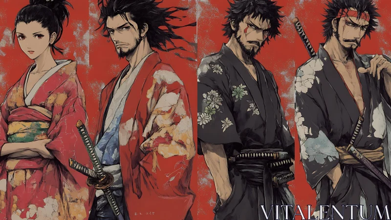 Samurai quartet character lineup in stylized anime ink rendering.