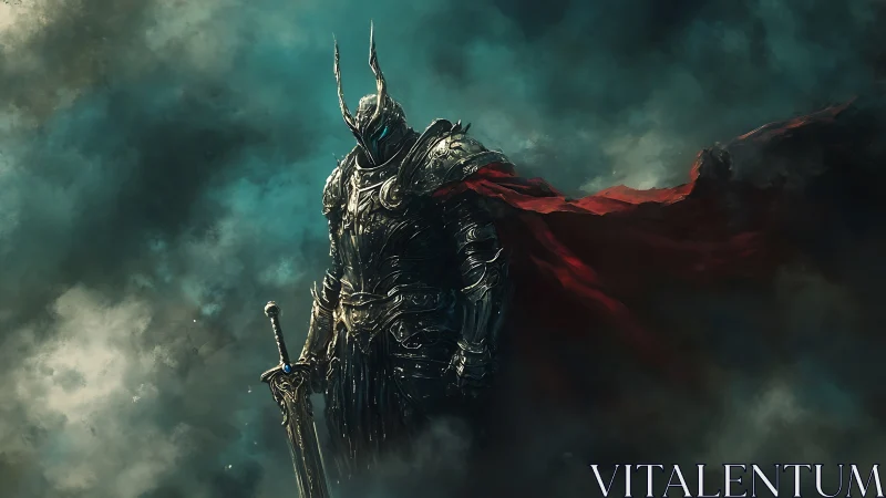 Armored dark knight with sword and red cloak in mist.