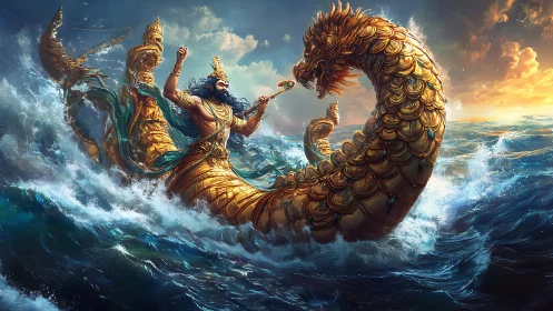 Armored sea serpent vessel battles storm-tossed waves at sunrise