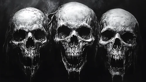 Three eroded human skulls are rendered in monochrome alignment