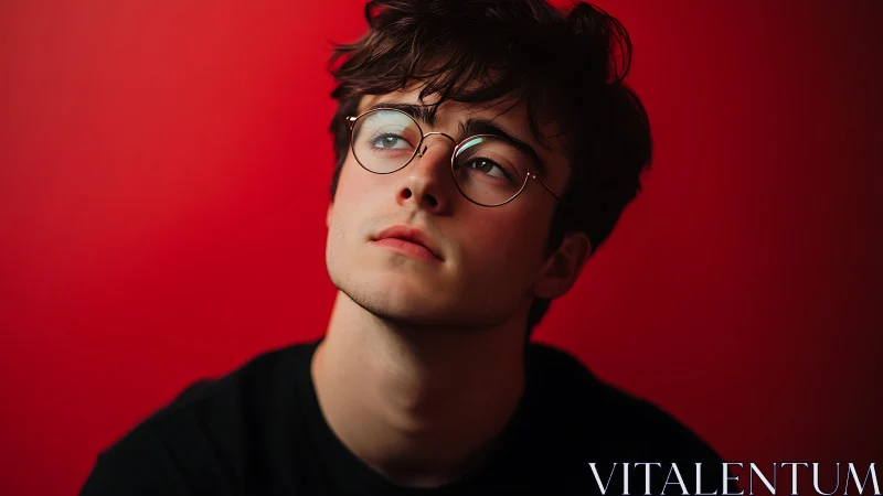 Thoughtful young man in glasses against bold red backdrop.