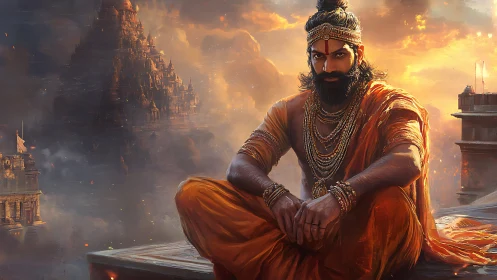 Sunlit warrior sage before mythic temple skyline.