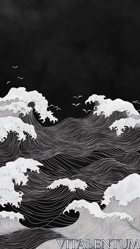 Monochrome stylized ocean waves crest against dark sky