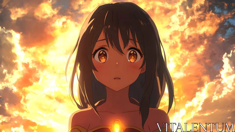 Sunset ember girl awakening beneath a blazing sky of fire.
