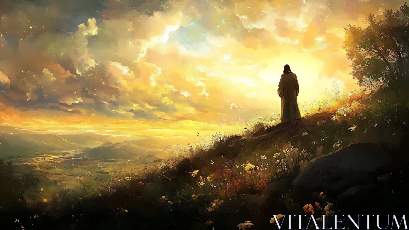 Solitary robed figure overlooks radiant sunrise valley