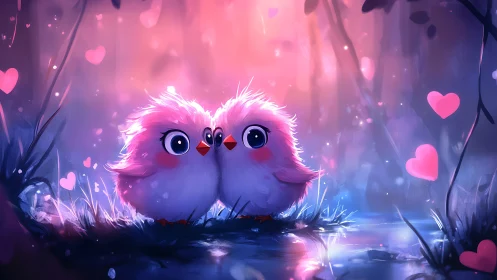 Pink Luminescent Birds Share Moment in Glowing Forest