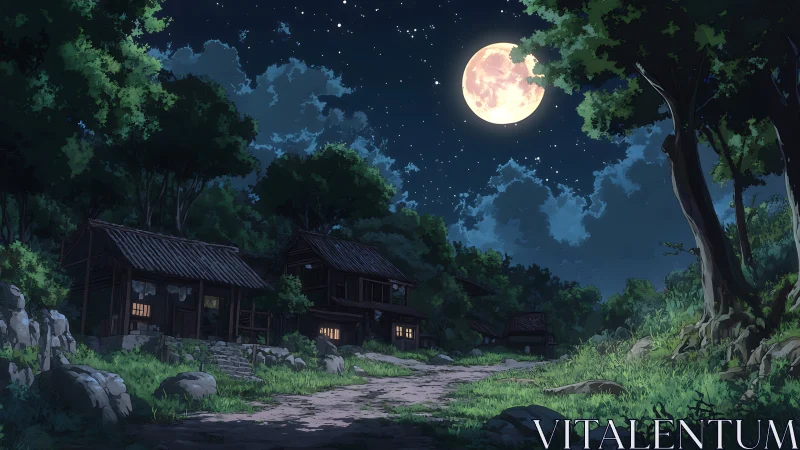 Gentle moonlit village path glows softly under starry skies
