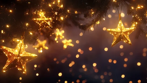 Golden star ornaments glowing on festive evergreen branches.