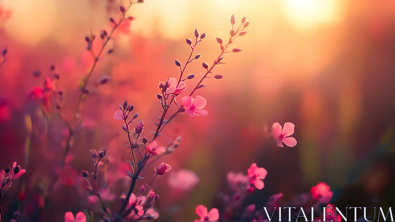 Sunlit pink wildflowers in dreamy shallow-focus bokeh field.
