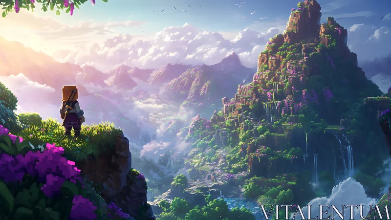 Blocky adventurer gazes over lush sunrise mountain valley